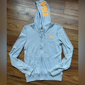 Small PINK light weight blue zip up hoodie. Light blue and orange.